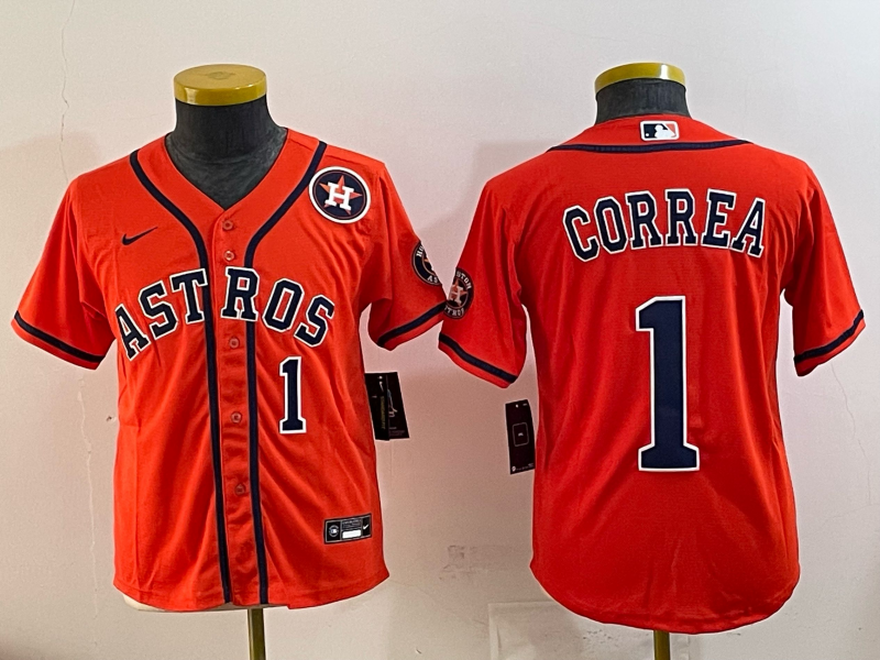 Men 2025 Houston Astros #1 Correa orange Nike MLB Jersey 007->women mlb jersey->Women Jersey